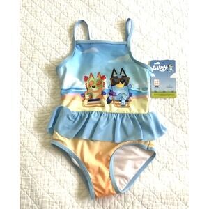 Bluey Bingo Girls 4T One Piece Swimsuit Ruffle Beach Scene Blue Orange NWT